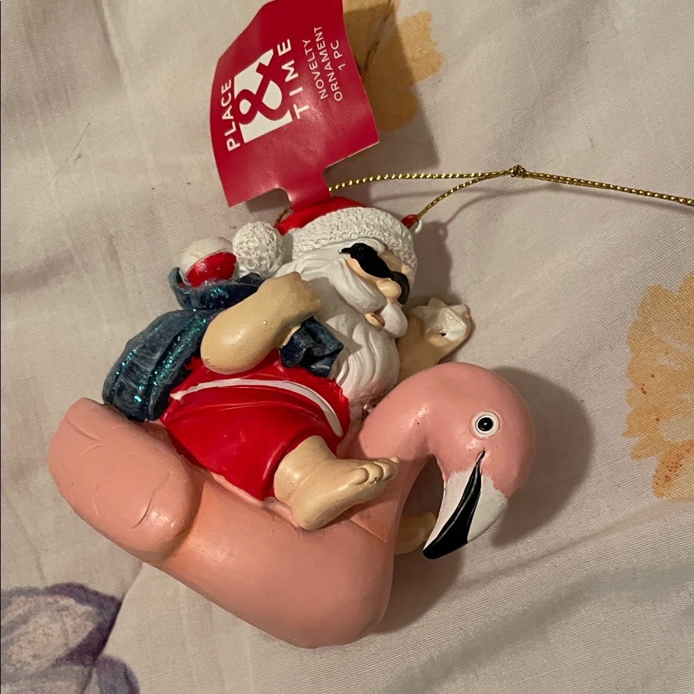 Santa on Flamingo Holiday Ornament